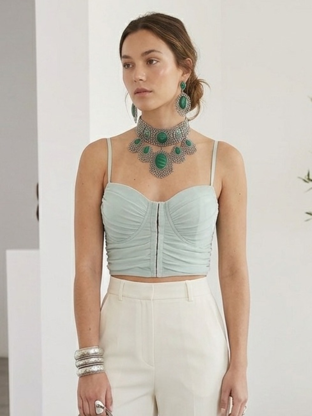 IRIS Sage Mint Green Mesh Bustier Corset Crop Top Ruched Hook Eye Y2K Size L